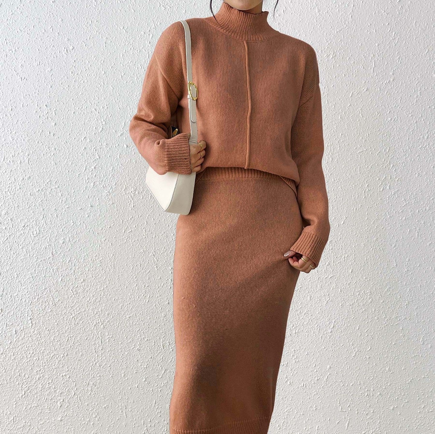 Women's Semi-high Neck Pullover Sweater And Bodycon Skirt Two-piece Set