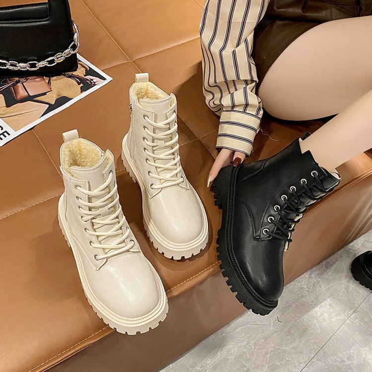 Square Heel Round Head Solid Color British Style Retro Casual Platform Women's Boots