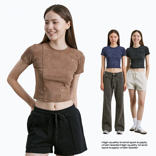 American-style Retro Fried Color Distressed Top Round Neck Rivet Short T-shirt For Women