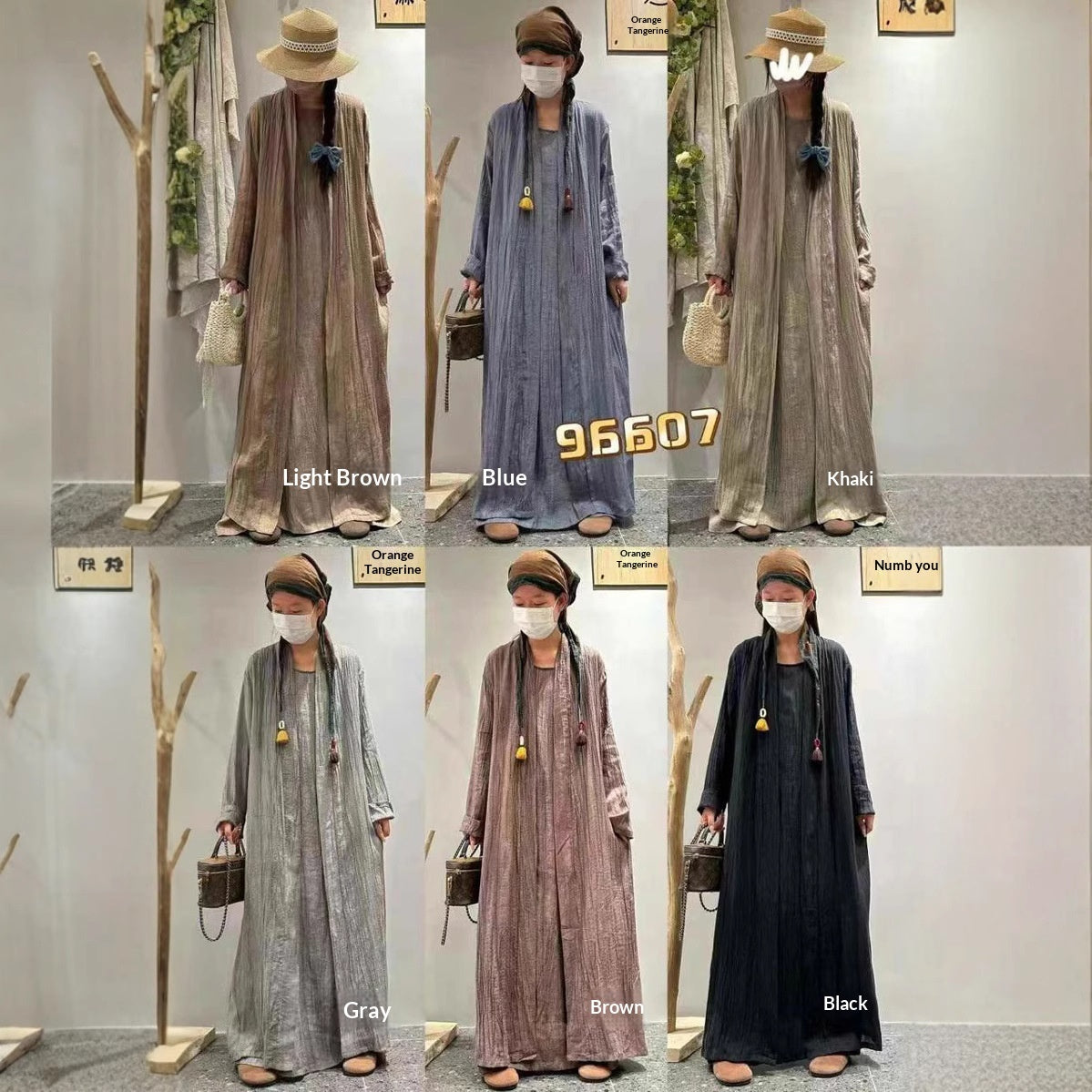 Solid-color Pleated Linen Vest Dress Long Coat Two-piece Set