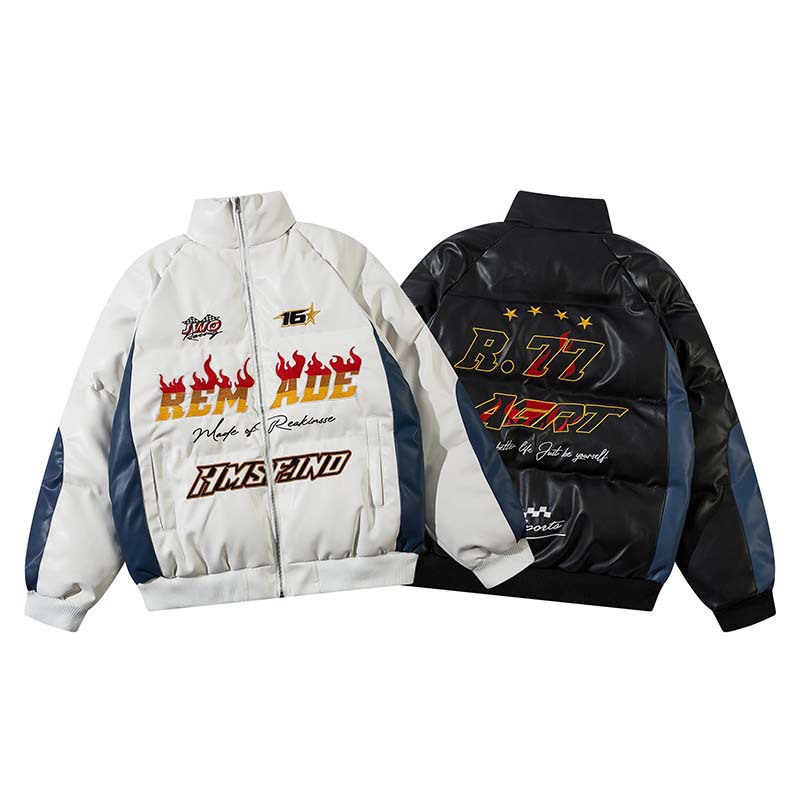 Men's Retro Letter Embroidered Patchwork PU Leather Cotton Jacket