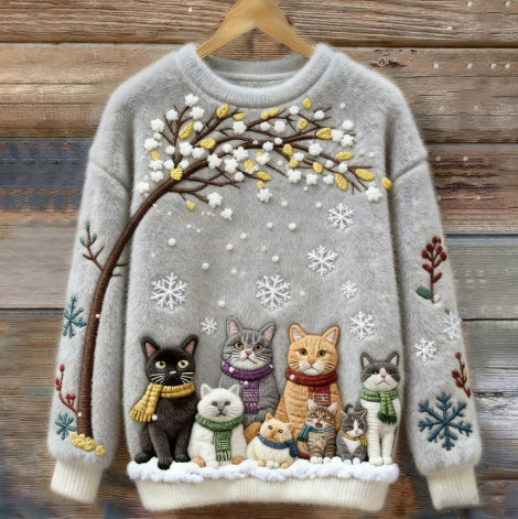 Dame sweatshirt med printet katte julemotiv og rund hals
