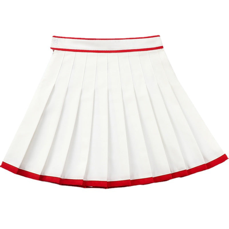 Contrast Color Pleated High-waisted Red New Year A- Line Skirt