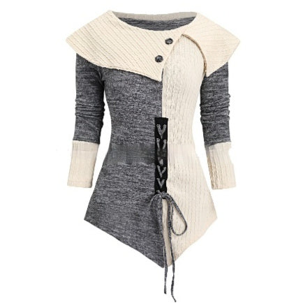 Womens Long-Sleeve Top With Lace-Up Details And Asymmetrical Hem