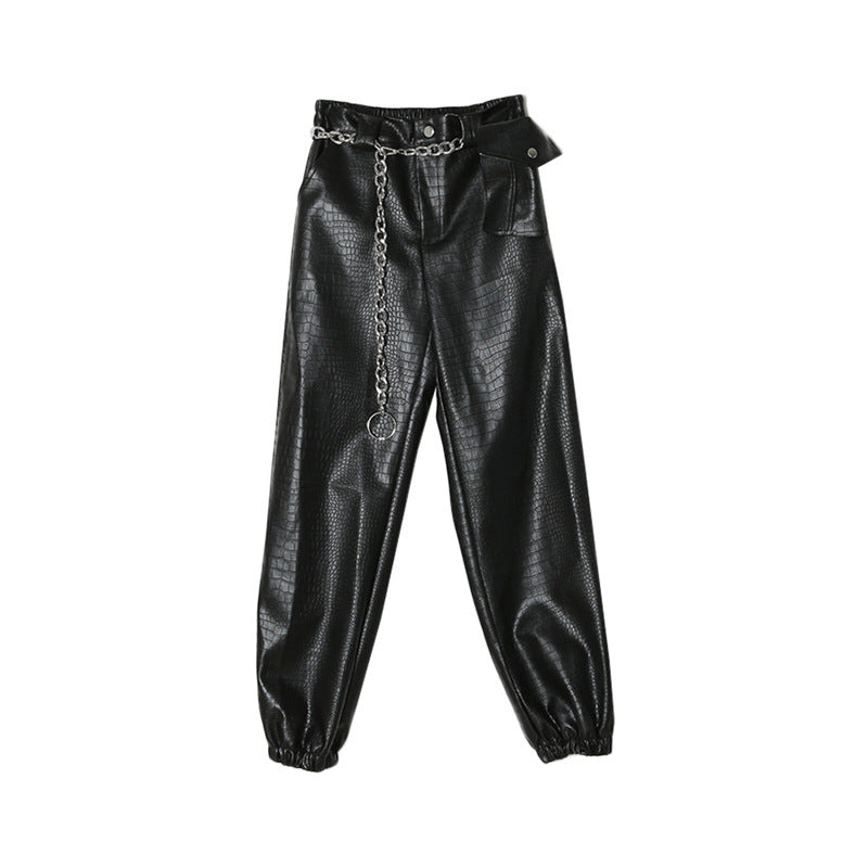 Women's Black Scaly Leather Overalls