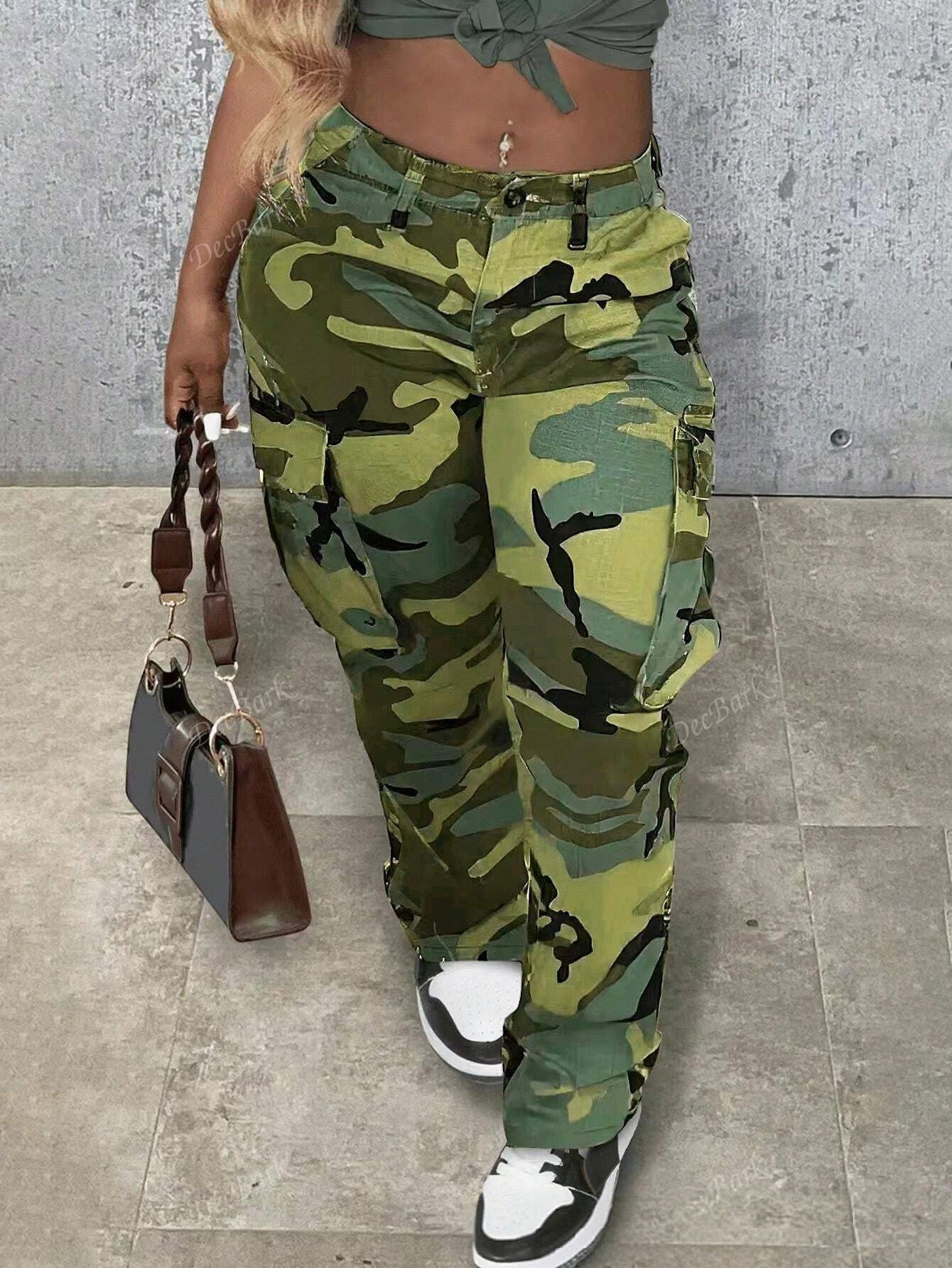 Plus Size Camouflage Jeans High Waist Multi-pocket Straight-leg Pants