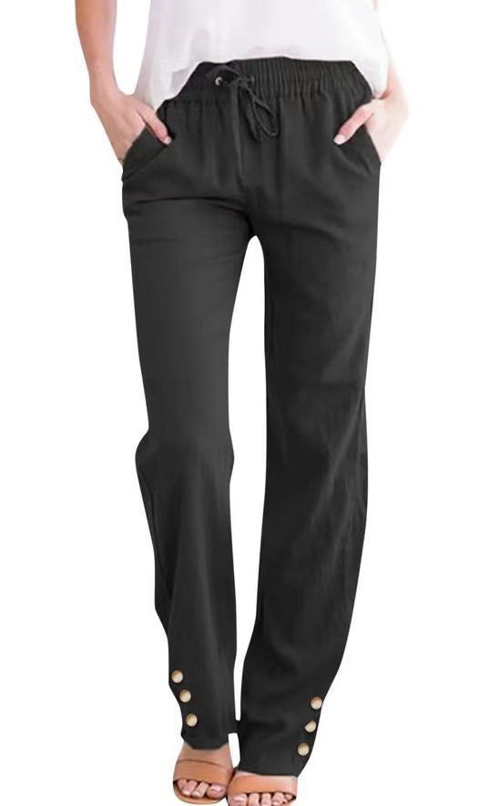 Solid Color Cotton And Linen Loose Drawstring Button Casual Wide-leg Trousers