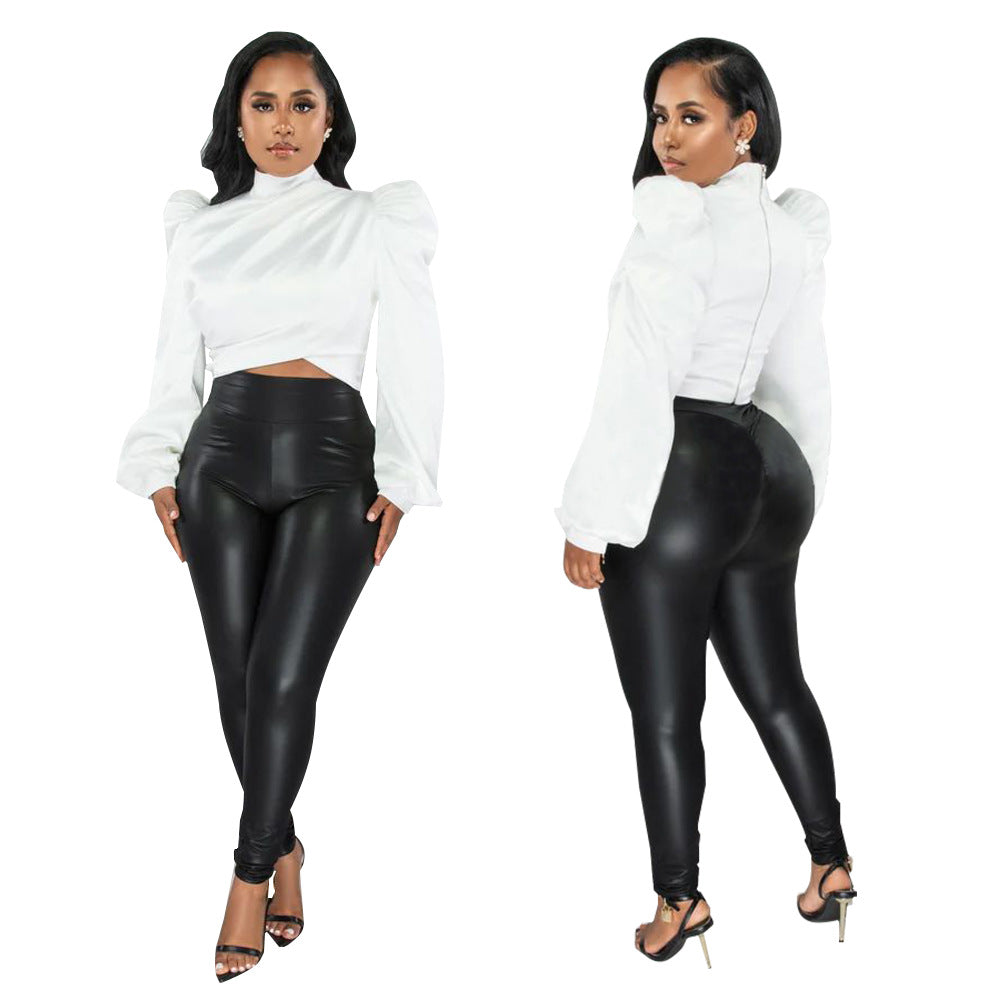 Women's Wear Puff Sleeve High Neck Short Artificial Silk Top