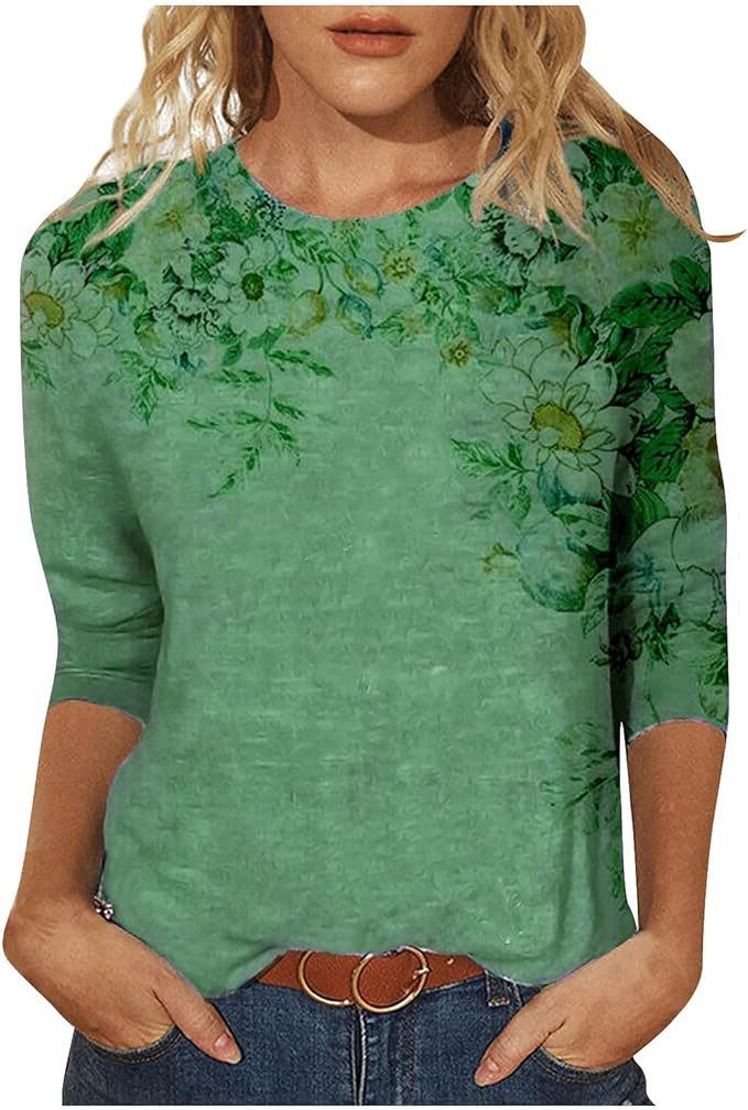Women's Top Three-quarter Sleeve Summer Ethnic Floral Slim Fit Cute Top Round Neck Slim Fit Printed T-shirt
