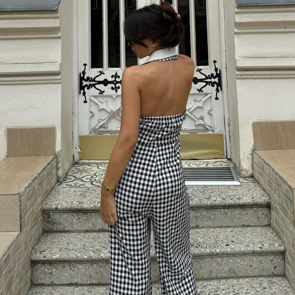 Sexy Backless Blouse Collar Zipper Plaid Jumpsuit