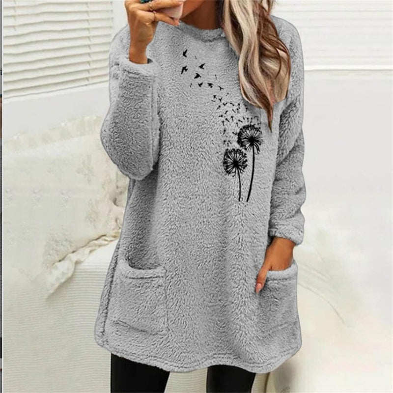 Women's Printed Round Neck Pullover Long Sleeve Pocket Double-sided Velvet Sweatshirt