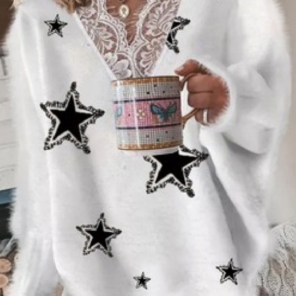 Women's Fashion V-neck Lace Pentagram Printed Knitted Jacket