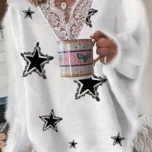 Women's Fashion V-neck Lace Pentagram Printed Knitted Jacket