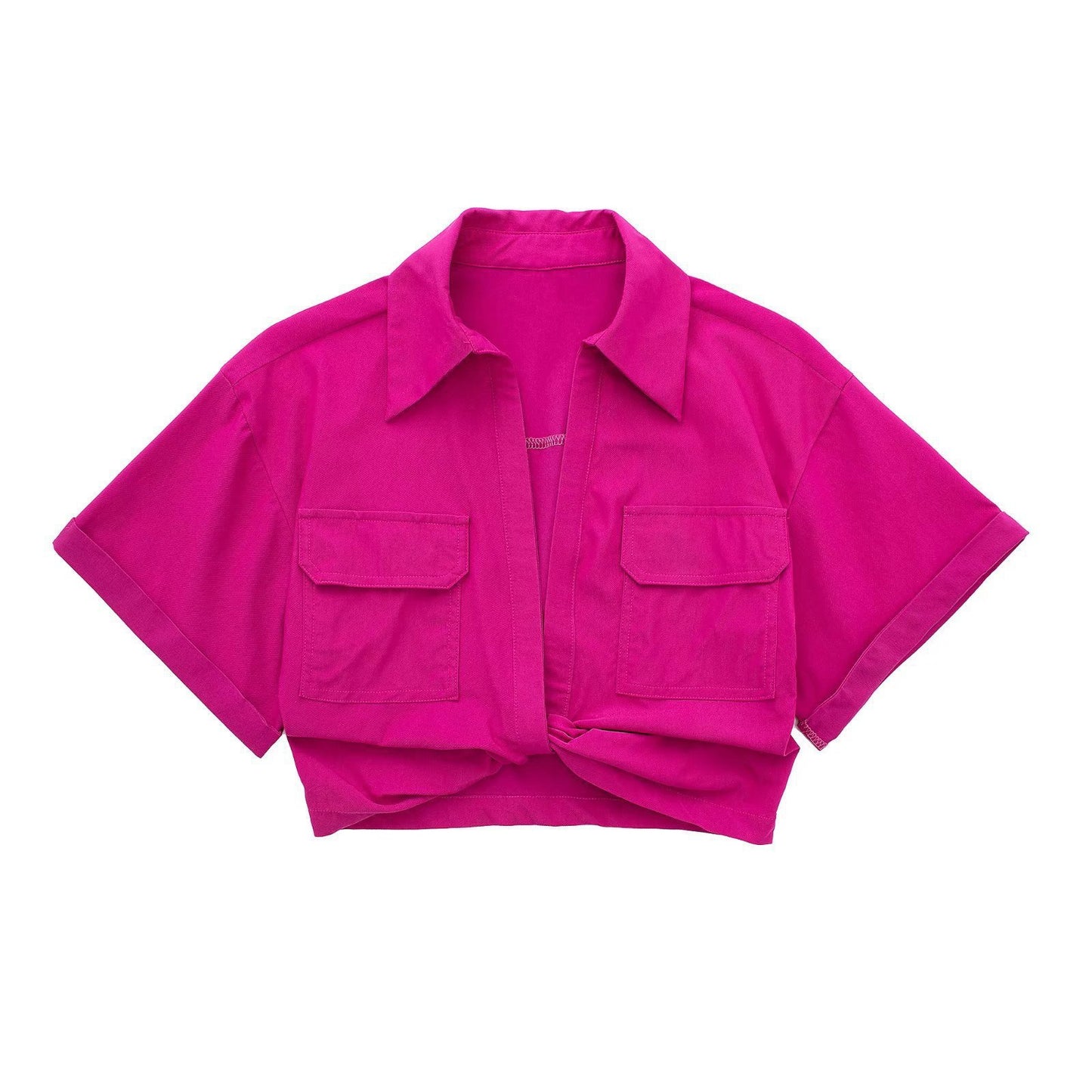 Solid Color Versatile Knot Embellishment Double Pocket Short Sleeved Shirt