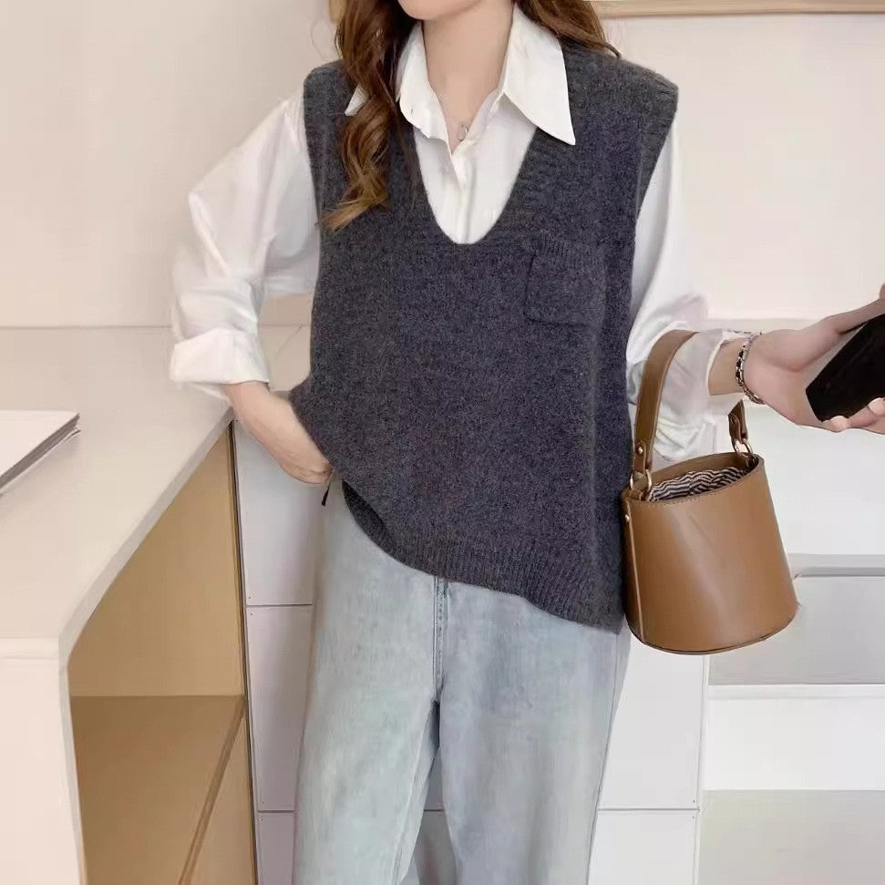 Casual  Girly Style Pocket V-neck Sleeveless Vest