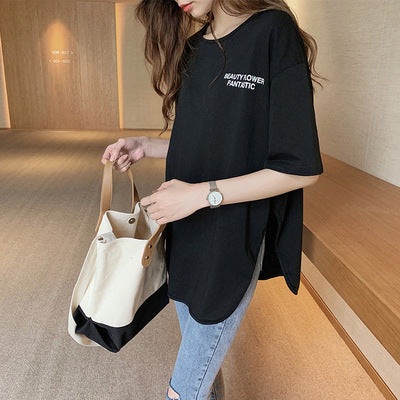 White Split T-shirt Female Plus Size Mid-length Sleeve Mid-length