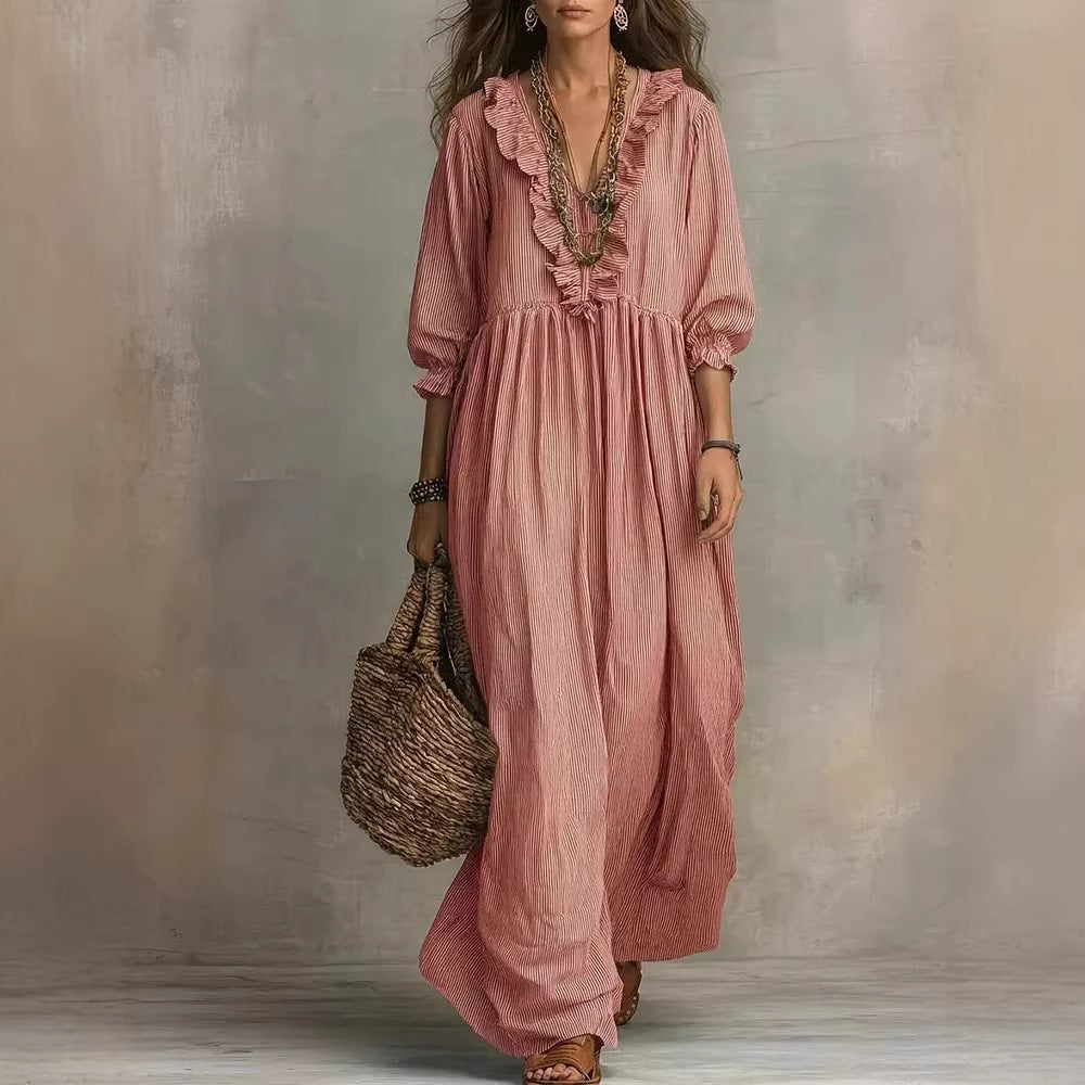 Womens Striped Ruffle-Trimmed Loose High-Waist V-Neck Dress
