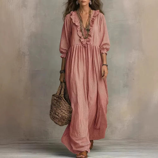 Womens Striped Ruffle-Trimmed Loose High-Waist V-Neck Dress