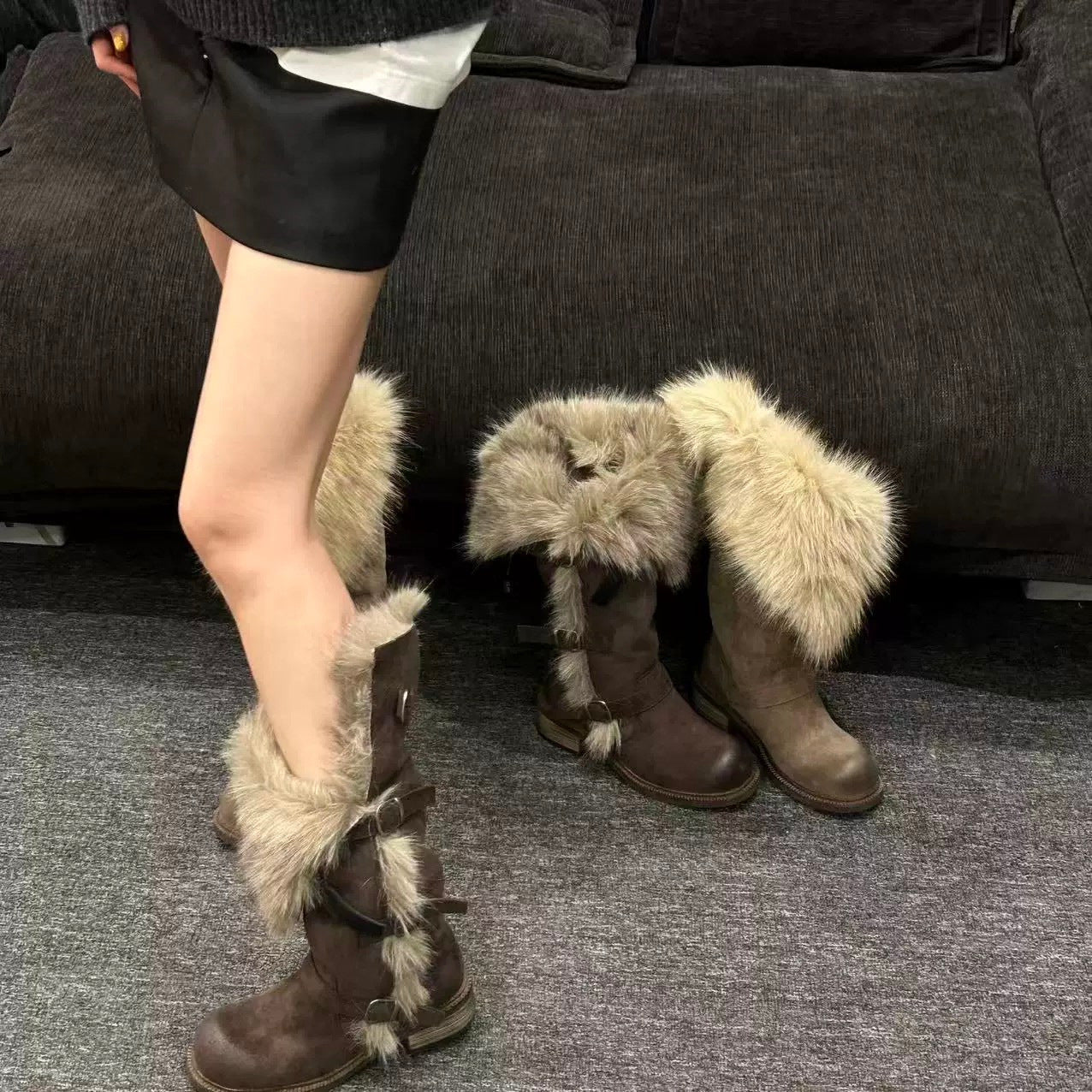 New Winter Retro Chic All-Match Leather-Buckle High-Top Furry Snow Boots For Women