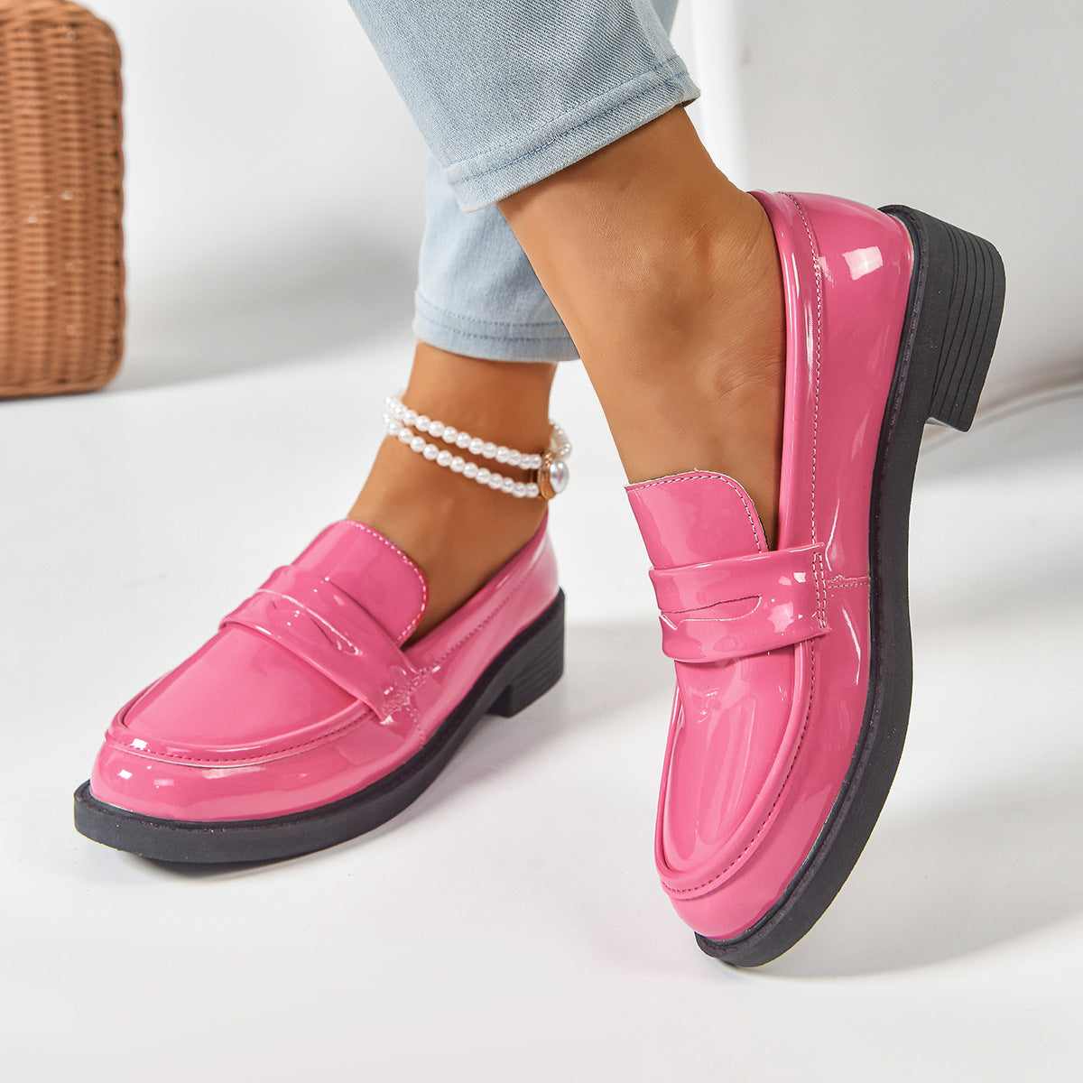Retro Square Toe Platform Height-increasing Leather Shoes Women's Uniform Shoes