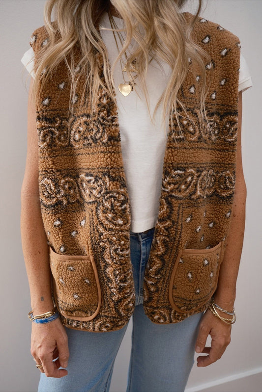 Beige Lambswool Paisley Printed Pocket Western Fashion Camisole Jacket