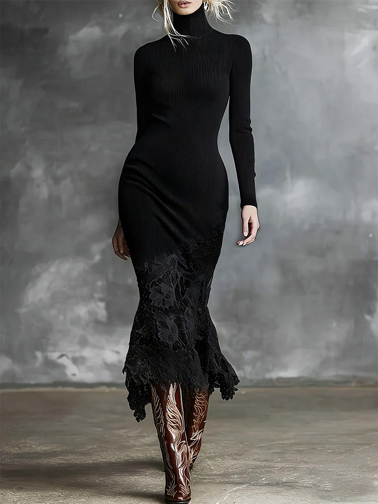 Turtleneck Knit Dress With A Lace Hema Sophisticated Mid-length Skirt