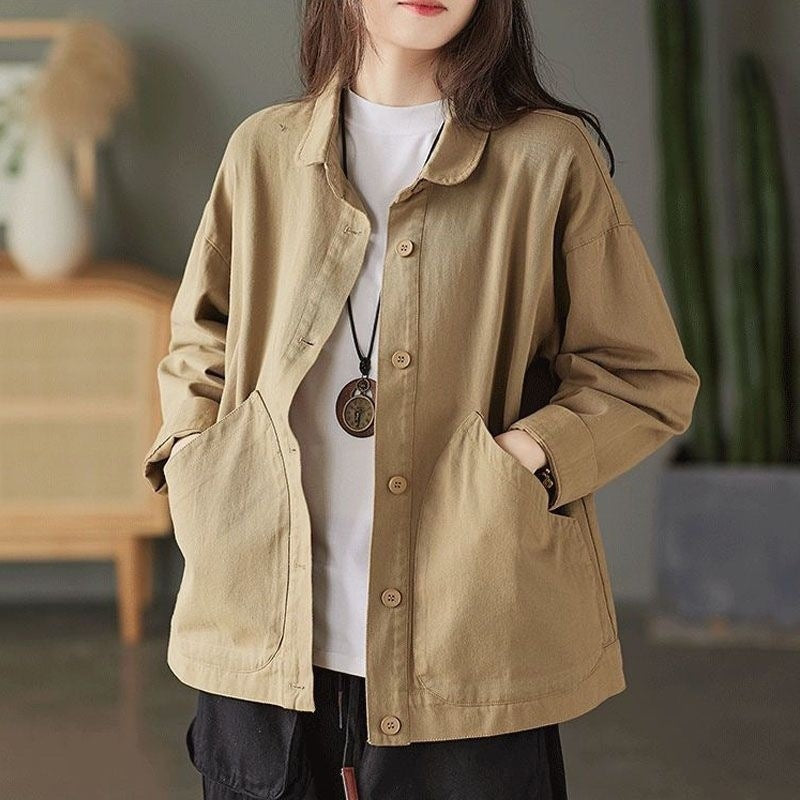 Retro Twill Cotton Large Pocket Single Breasted Loose Casual Top