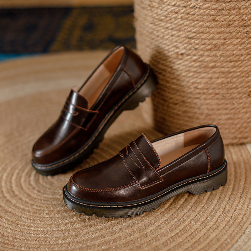 Round Head Thick Low Heel Leather Shoes Women