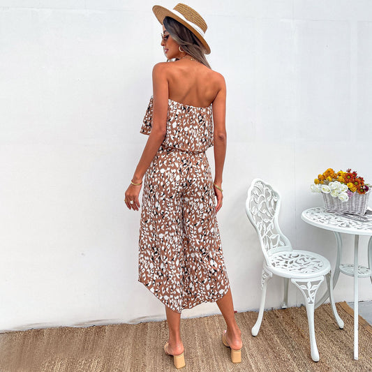 Women's Off Shoulder Chiffon Floral Jumpsuit Loose Wide Leg Pants