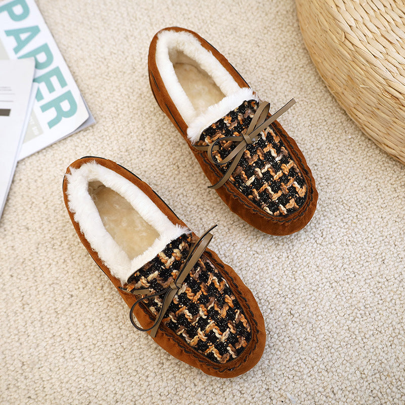 Soft-soled Lambs Wool Shoes Women's Round Toe Warm Large Size Bow