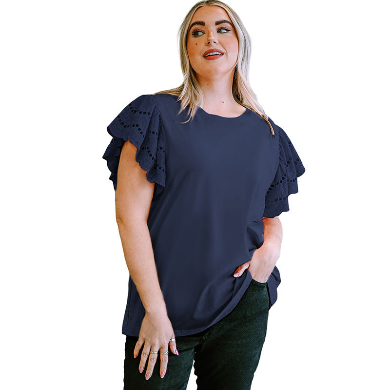 Female Lace Hollow Out Versatile Casual Short Sleeved Shirt
