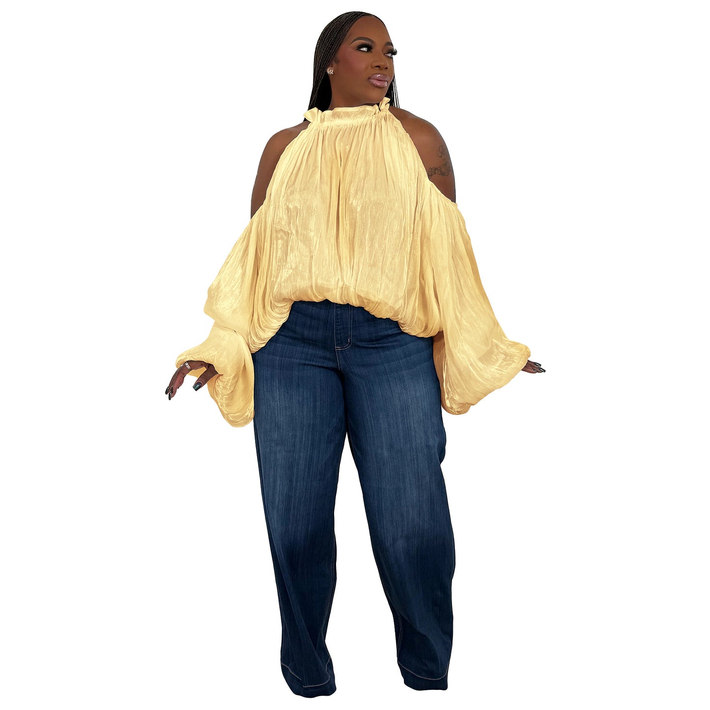 Design-forward Womens Top With An Off-the-shoulder Cut And Puffed Organza Sleeves