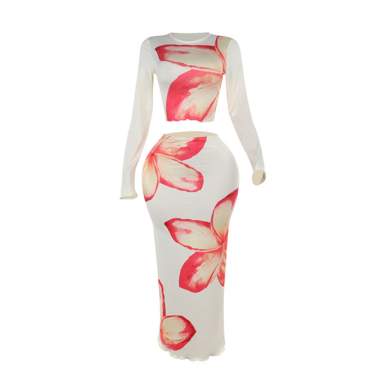 Elegant Slim Print Round Neck Long Sleeve Top Mid-length Dress Set