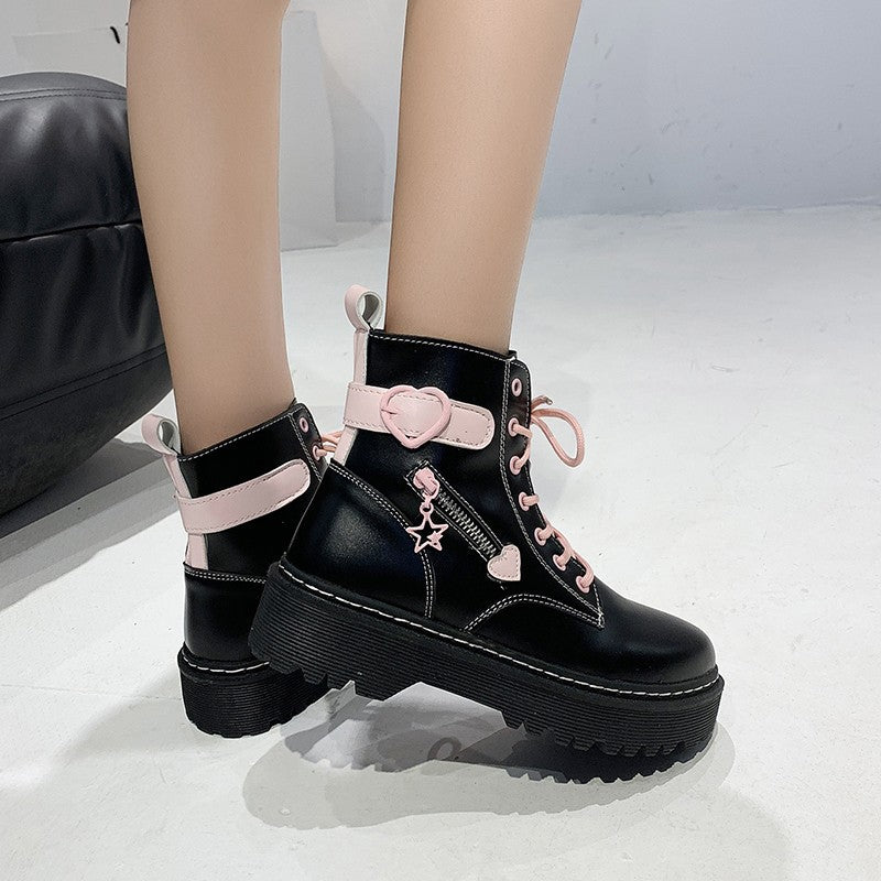 Lace-up British Boots Heart Zipper Black