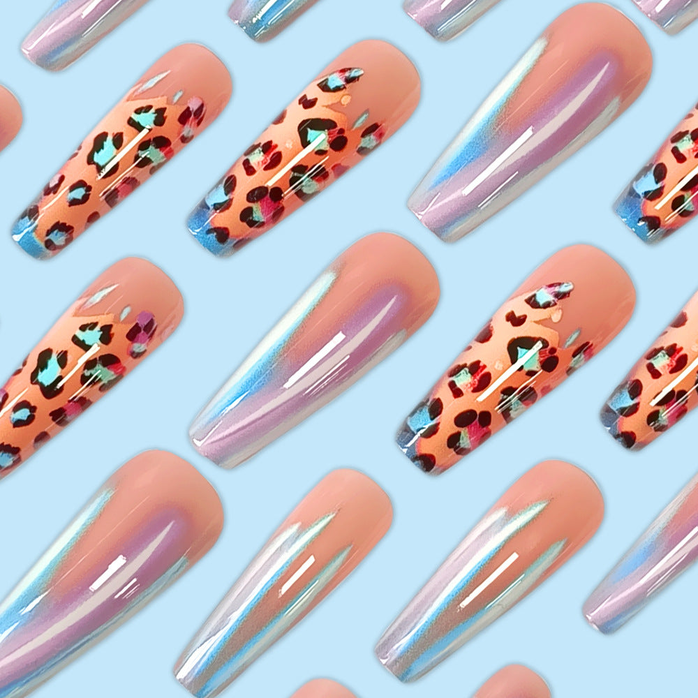 Blue Edge French Gradient Contrast Leopard Print Nail Tips