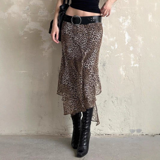 Højtaljet nederdel i leopardprint med uregelmæssigt mesh