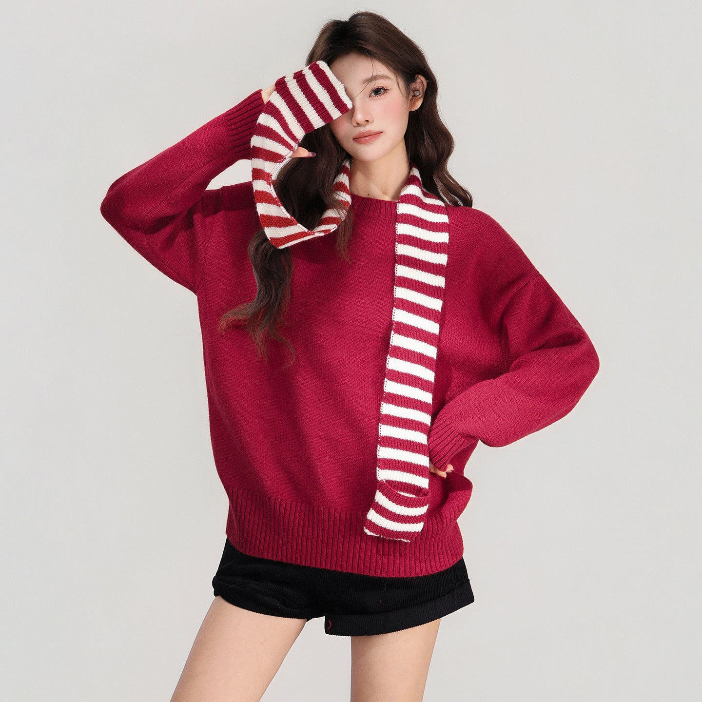 Striped Scarf Long Sleeve Coat Base Shirt Women