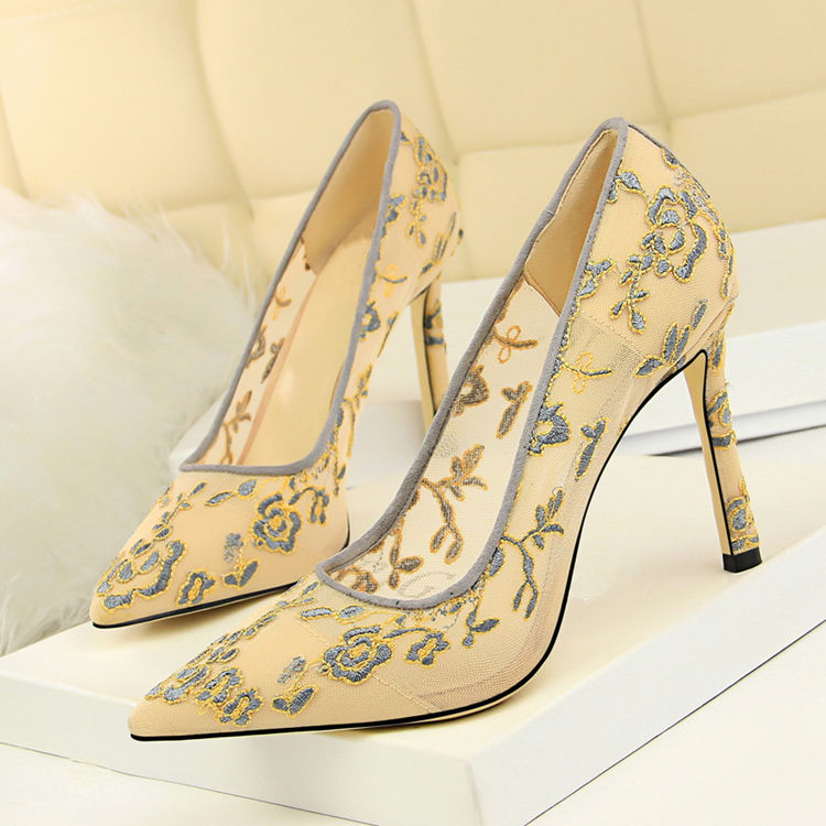 Shallow High Heels Stiletto Pointed Flower Mesh Lace All-match Single Shoes