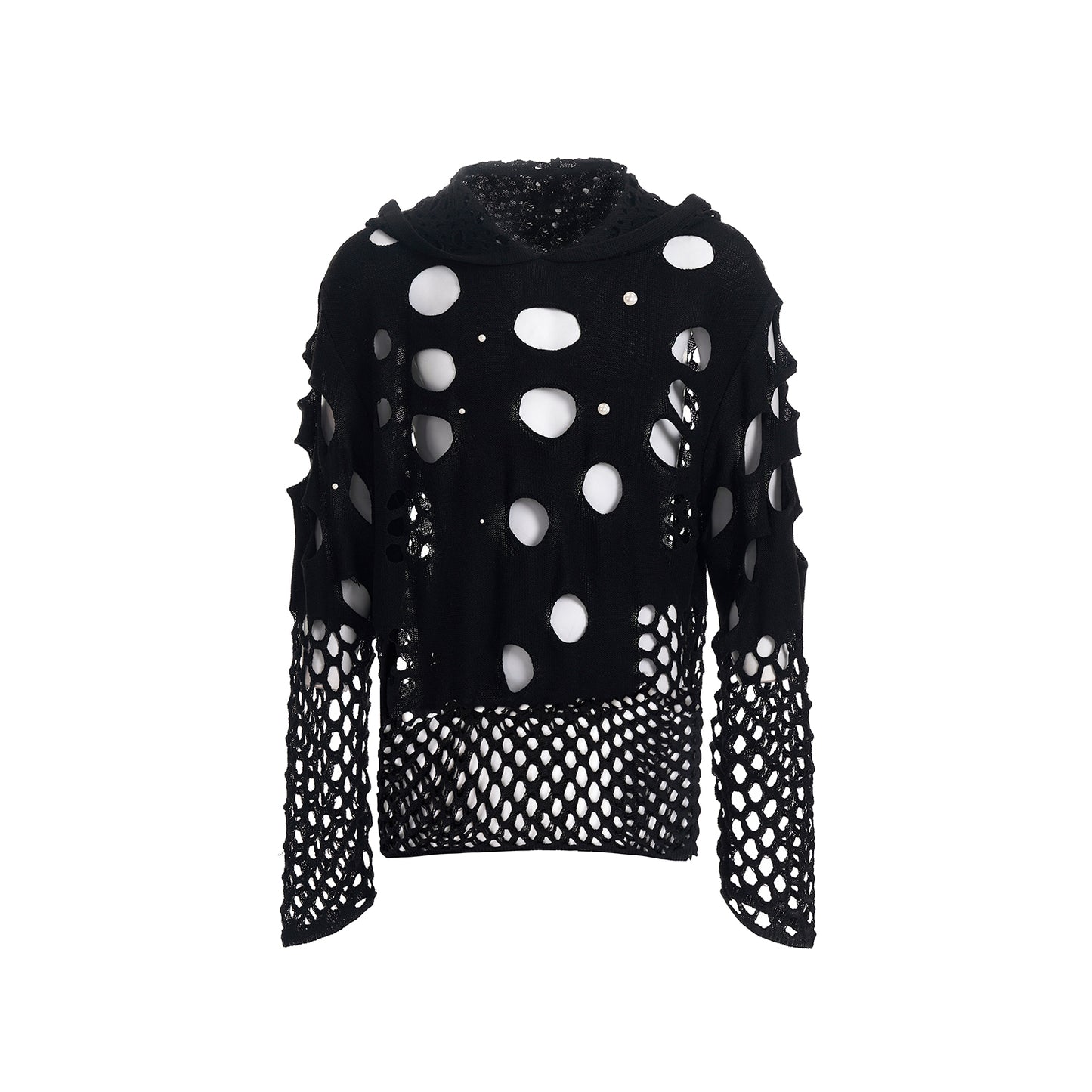 Hollow Hooded Sweater Men's Spring Pearl Decorative Black Hoodie
