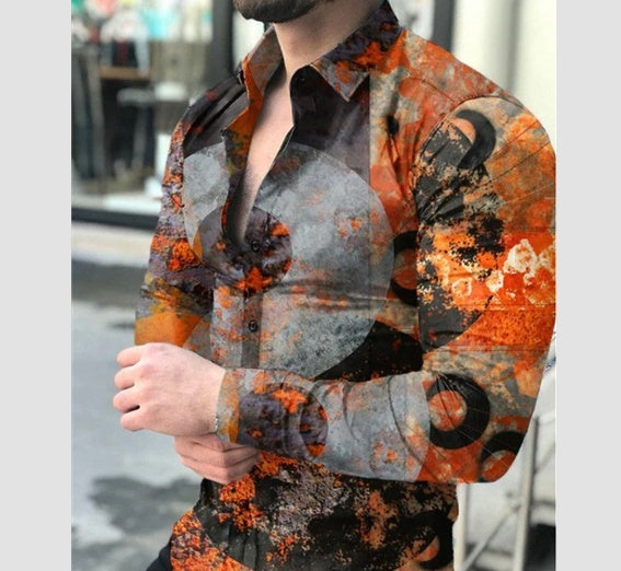 European And American New Men's Gradient Printing Long-sleeved Shirt