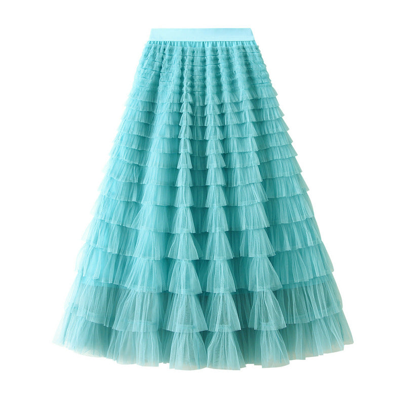Line Mesh Ruffle Skirt Women's Temperament Sweet Long Skirt Slim Cupcake Dress Womens Clothing