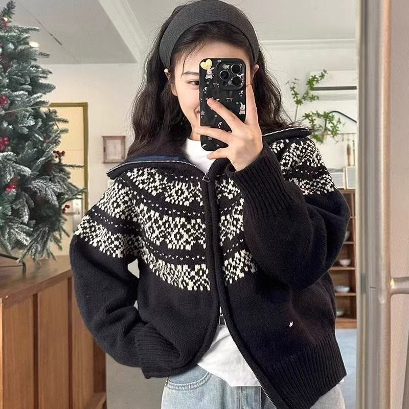Casual Retro Lapel Double Zipper Knitted Cardigan