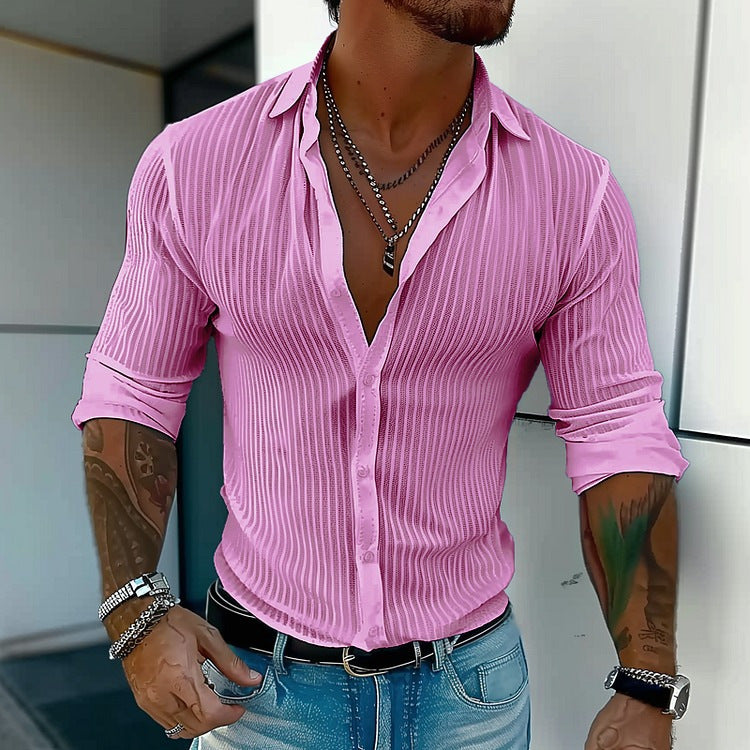 Business Pure Color All-matching Shirt Men's Striped Cardigan Long Sleeve