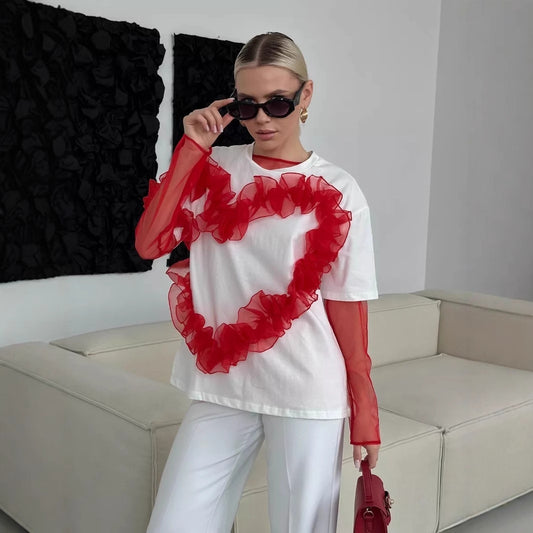 Hjerte Organza Plisseret Patchwork Rund Hals Løstsiddende Top i Ren Bomuld