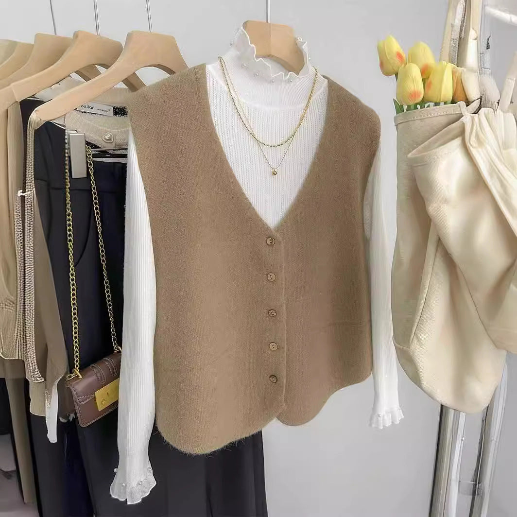 Simple All-match Solid Color And V-neck Knit Casual Women's Vest