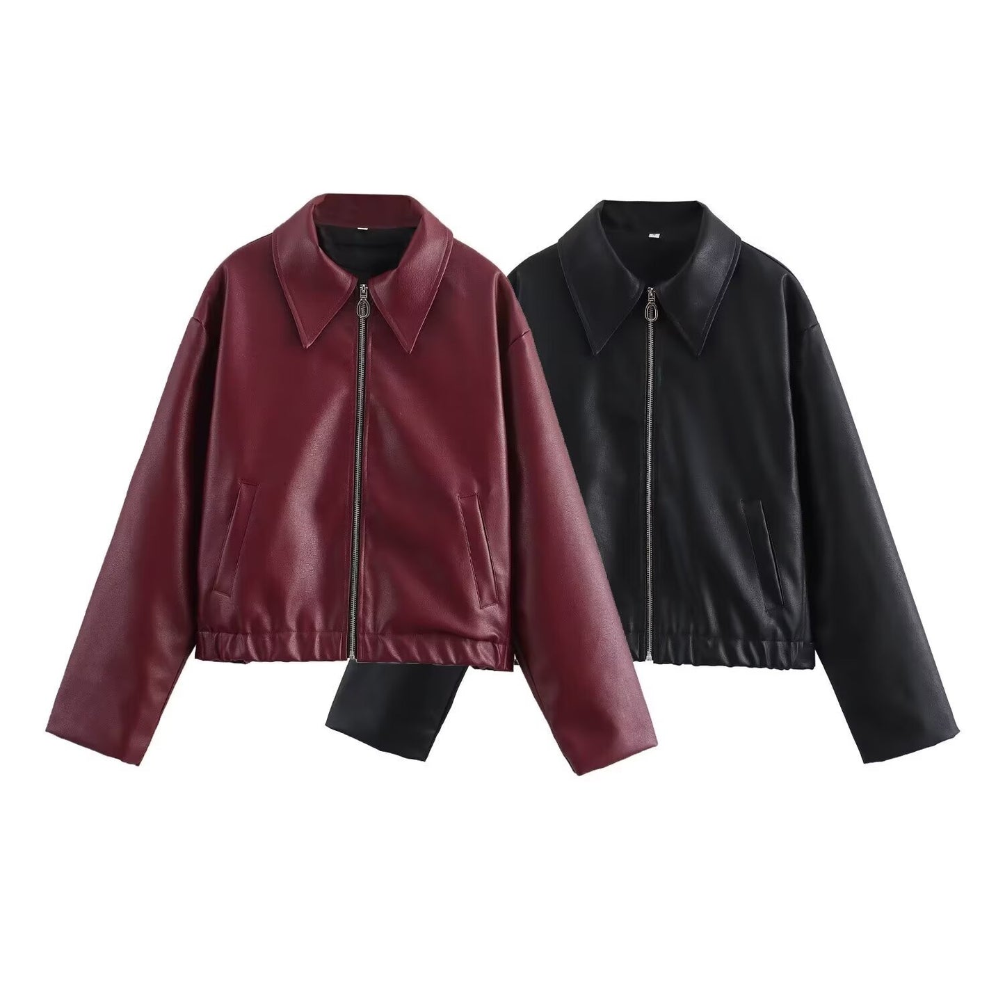 Cappotto in pelle da donna con collo a rever e maniche lunghe