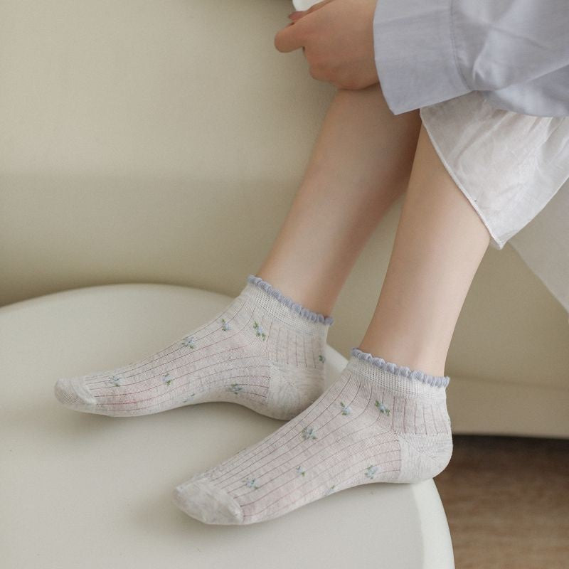 Summer Thin Versatile Spring Summer Girl Blue Japanese Socks Children's Thin Hollow Out Small Floral Boat Socks College Style