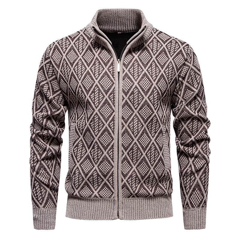 Fall Winter Men Fleece-lined Thickening Stand Collar Sweater Korean Style Casual Zipper Sweater Coat