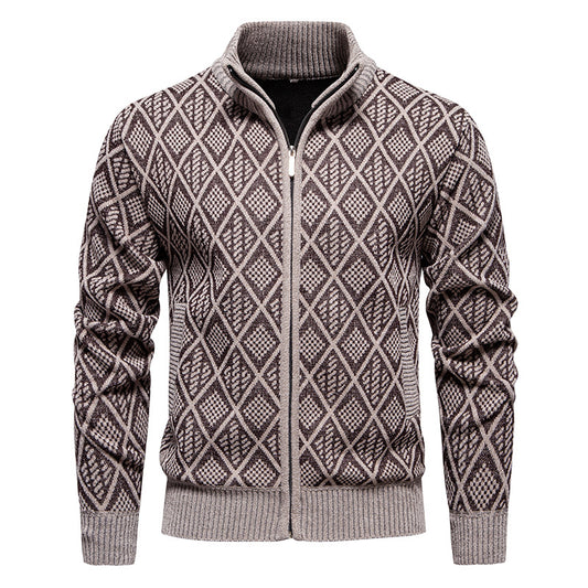 Fall Winter Men Fleece-lined Thickening Stand Collar Sweater Korean Style Casual Zipper Sweater Coat