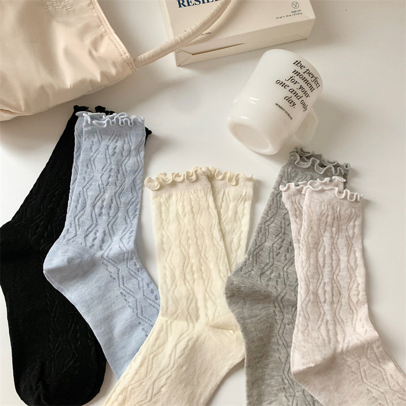Thin Mesh Solid Color Hollow Wooden Ear Mid-calf Length Loose Socks Breathable Sweat Absorbing